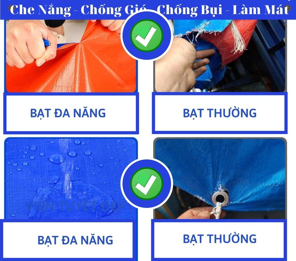 Chất liệu PE/PVC với phủ hai mặt đảm bảo chống nước, chịu môi trường ngoài trời.